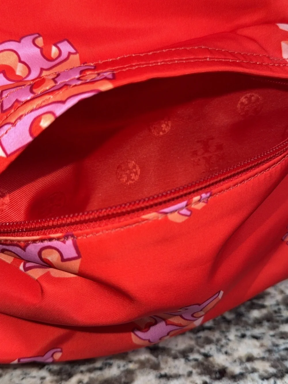 Tory Burch Red Backpack with Pink Logo Motif